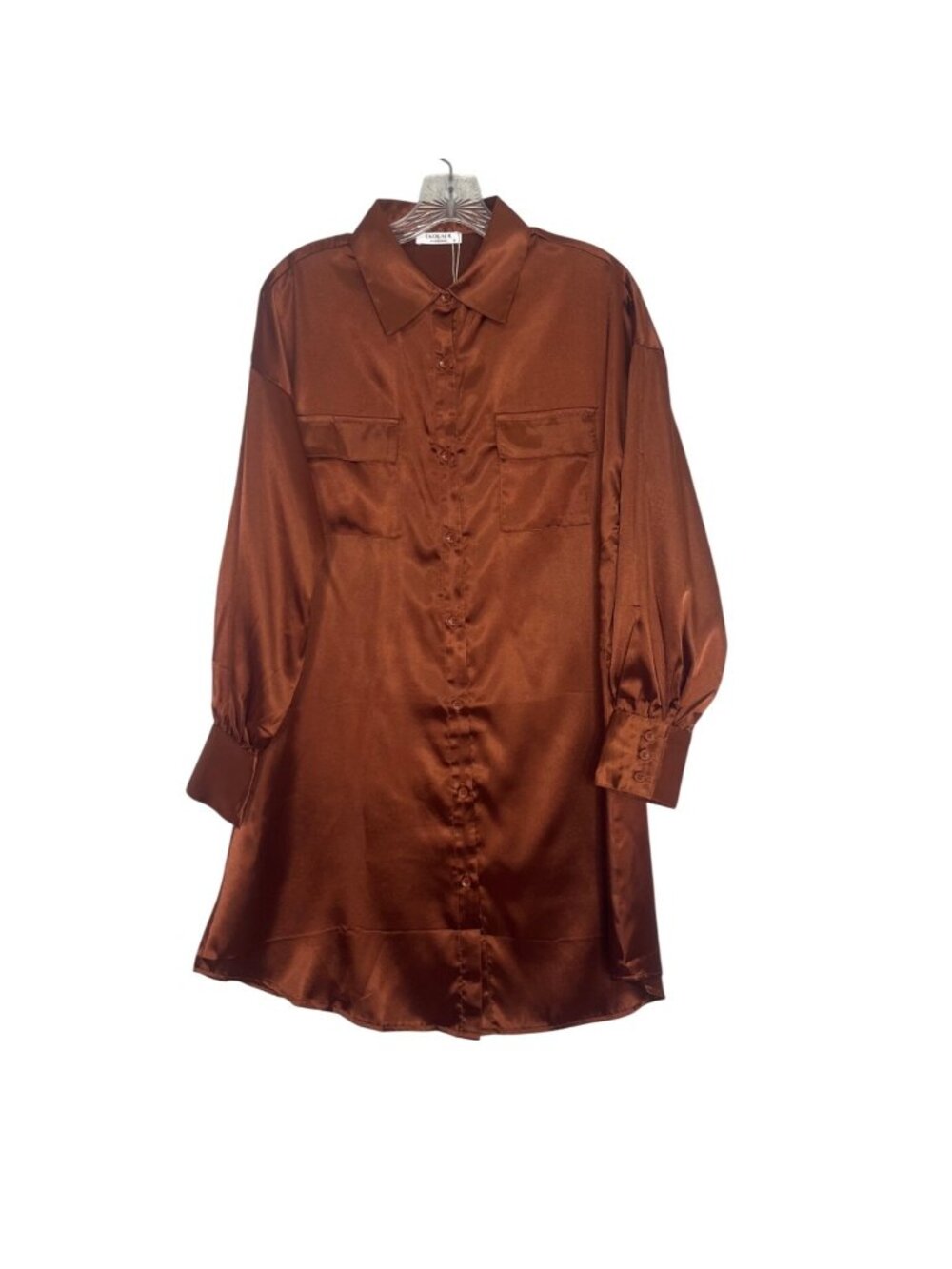 Ekouaer Satin Button Down Shirt Dress Small Copper New Long Sleeve Relaxed Fit